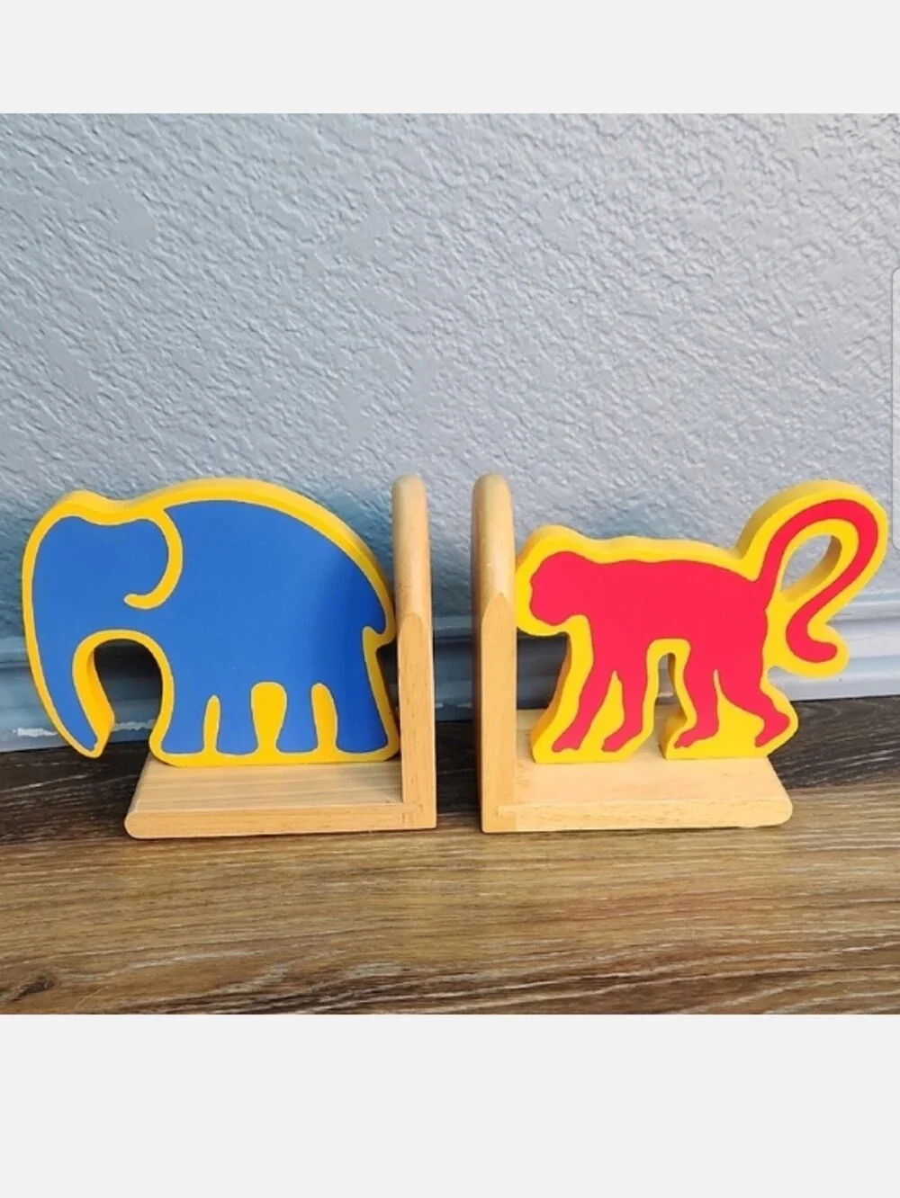 Crate & Barrel Wood Bookends Red Monkey Blue Elephant Yellow Gold